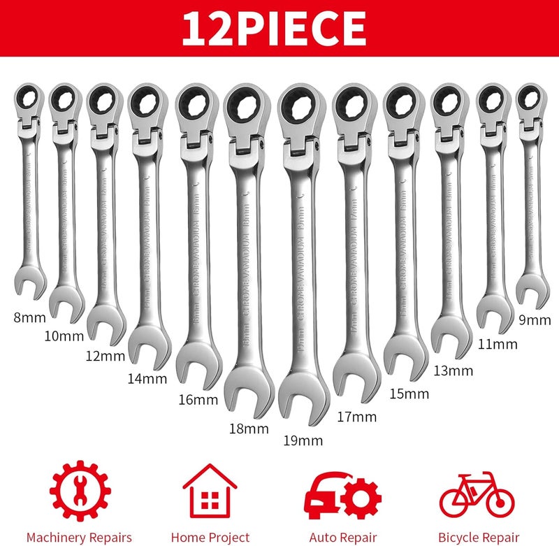 WISEUP 12Pcs Ratchet Wrench, CR-V Chrome-vanadium Steel 8-19mm Wrench, 180 ° Adjustable Combination Wrenches, Double-end Ratchet Wrench, Anti-slip Rust-proof, Labor-saving Tools - Image 3